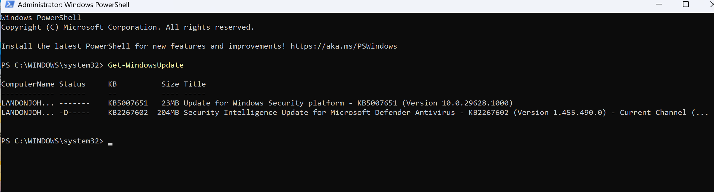 Running Get-WindowsUpdate