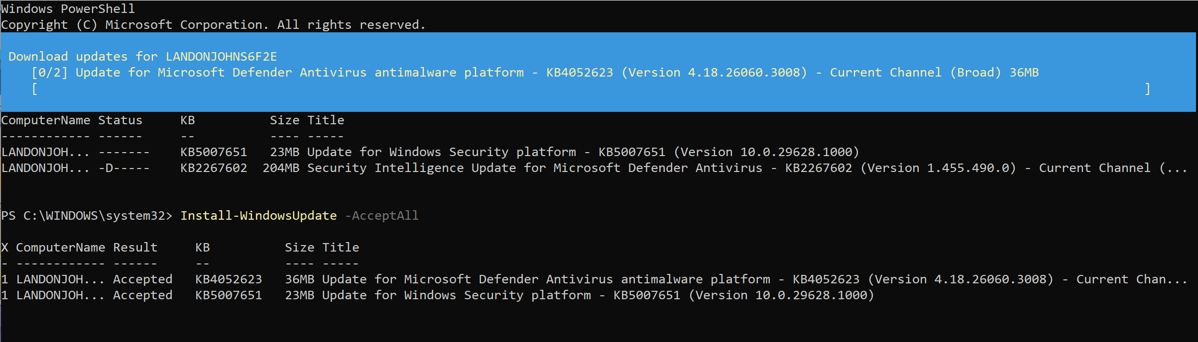 Running Install-WindowsUpdate
