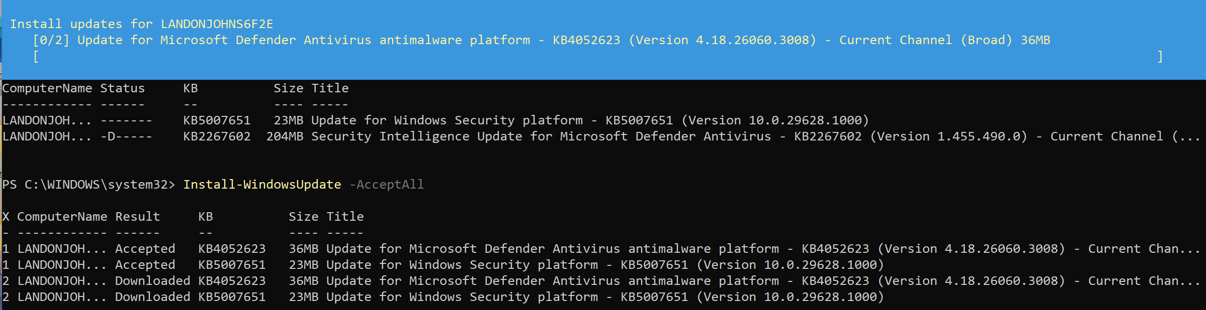 Running Install-WindowsUpdate