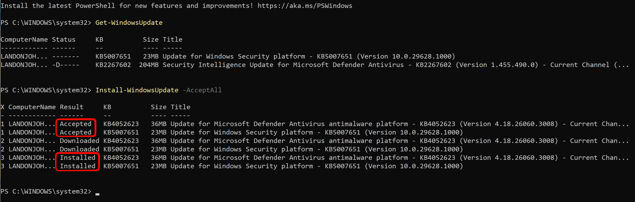 Running Install-WindowsUpdate