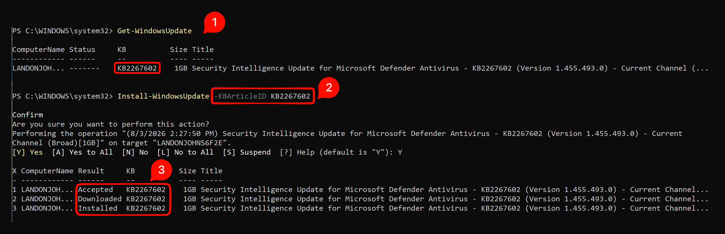 Run Install-WindowsUpdate -KBArticleID